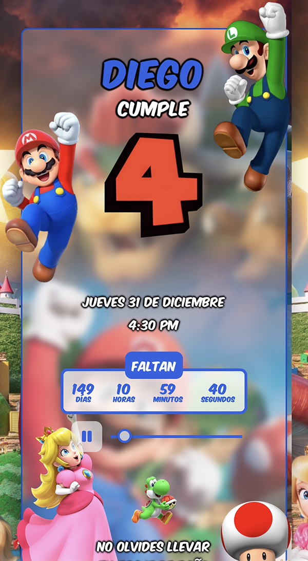 Vista previa de la invitación digital tema Super Mario Bros