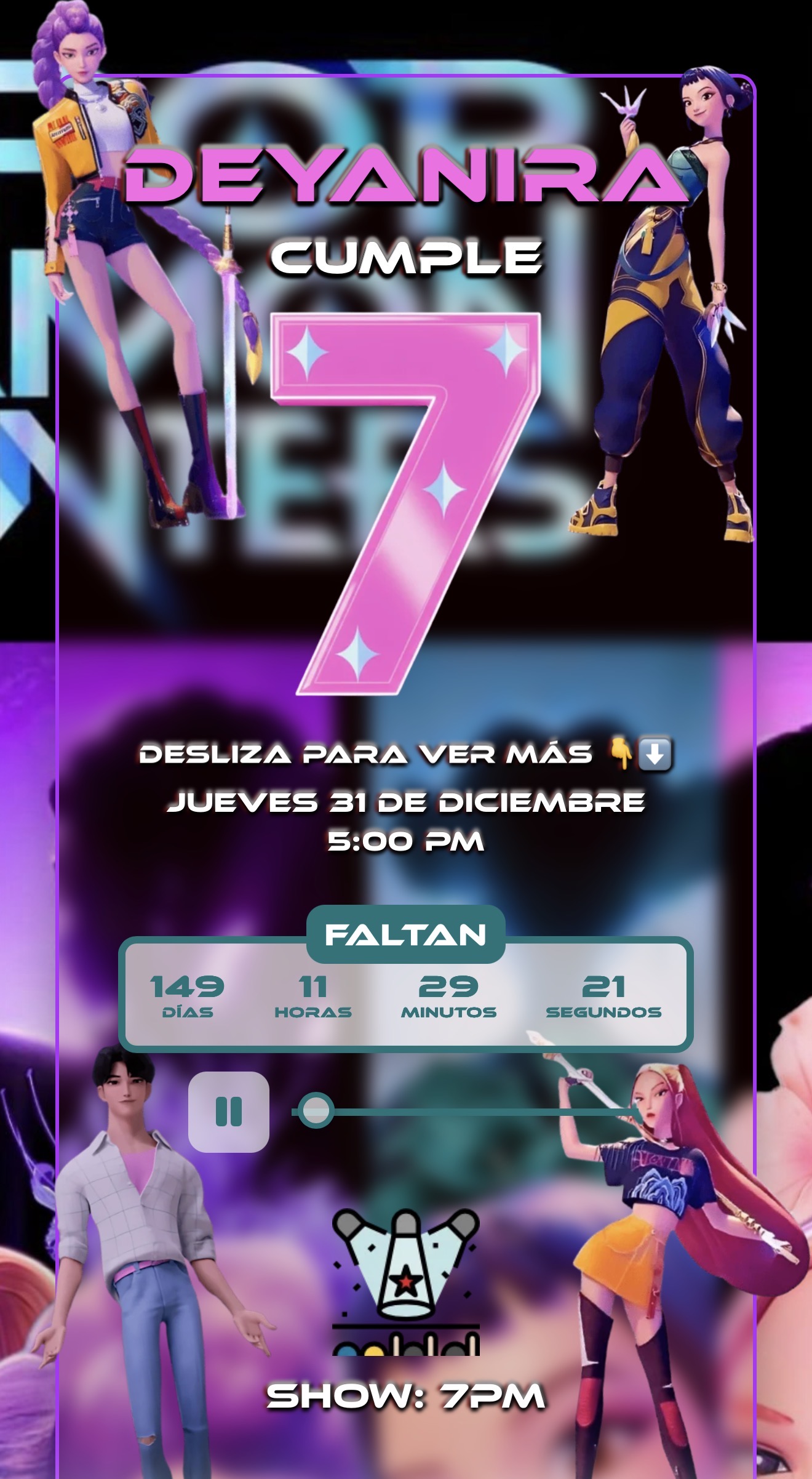 Vista previa de la invitación digital tema Guerreras Pop