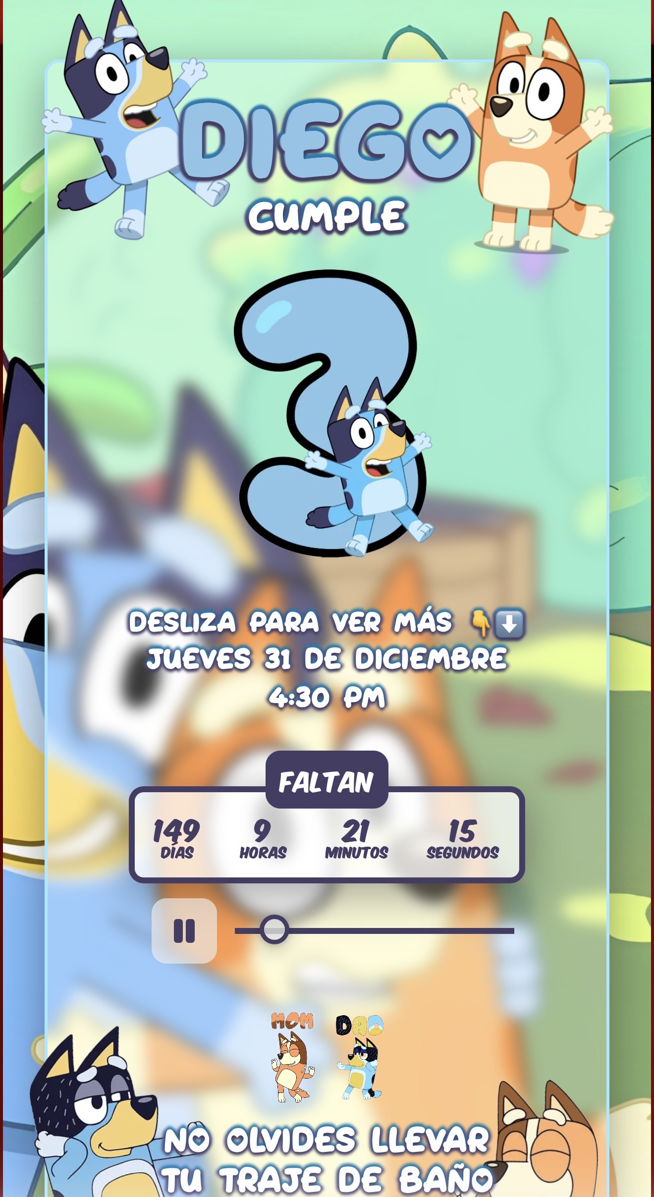 Vista previa de la invitación digital tema Bluey