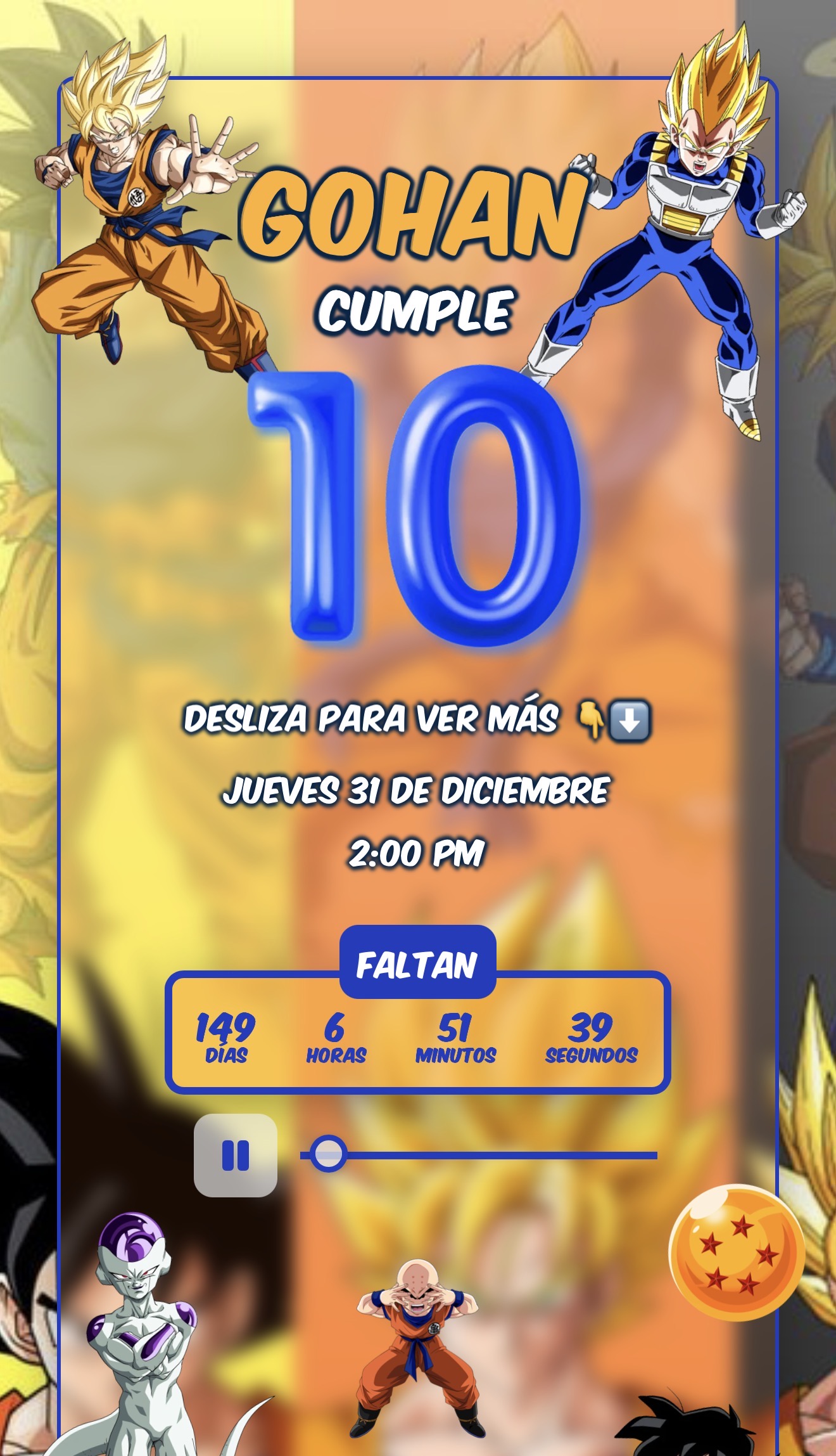 Vista previa de la invitación digital tema Dragon Ball Z