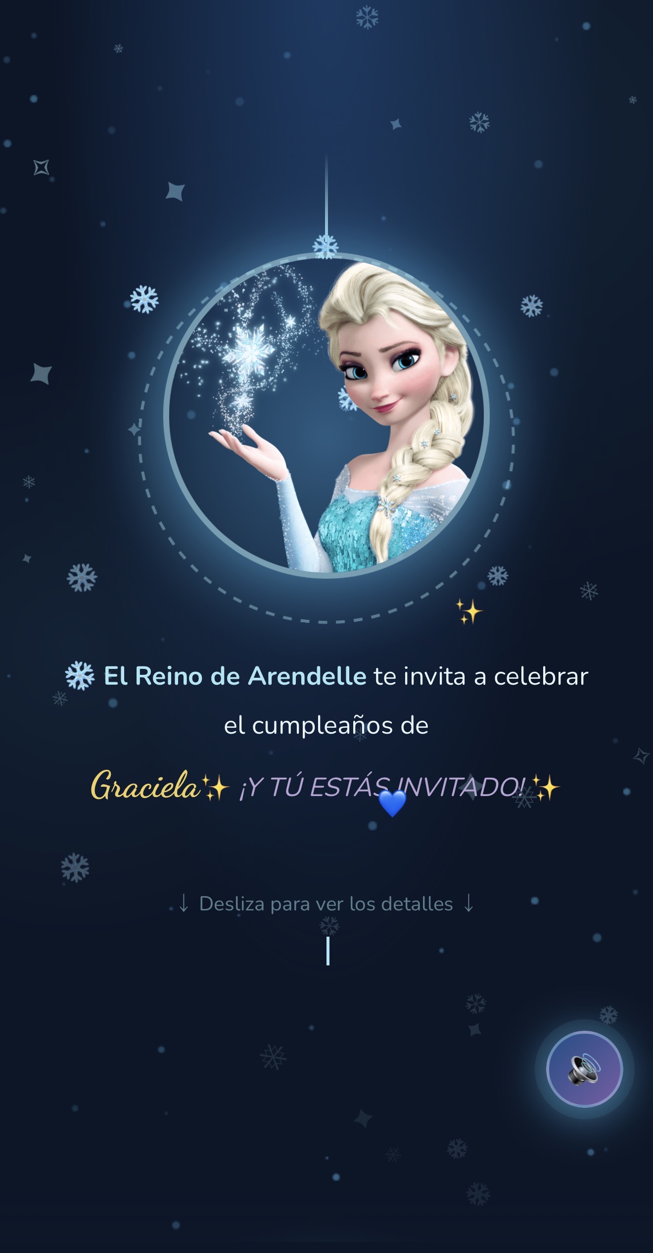 Vista previa de la invitación digital tema VIP Frozen