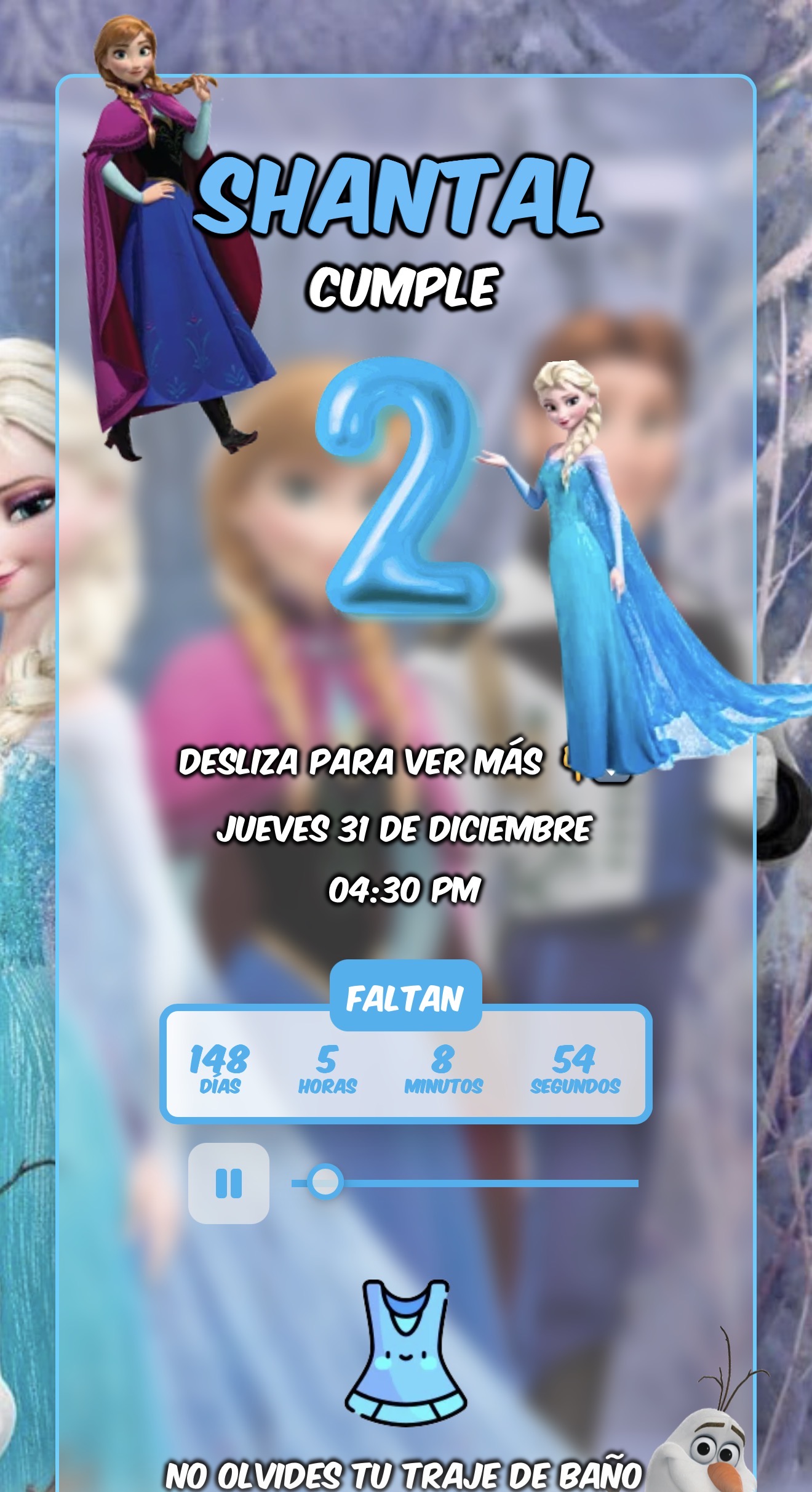 Vista previa de la invitación digital tema Frozen