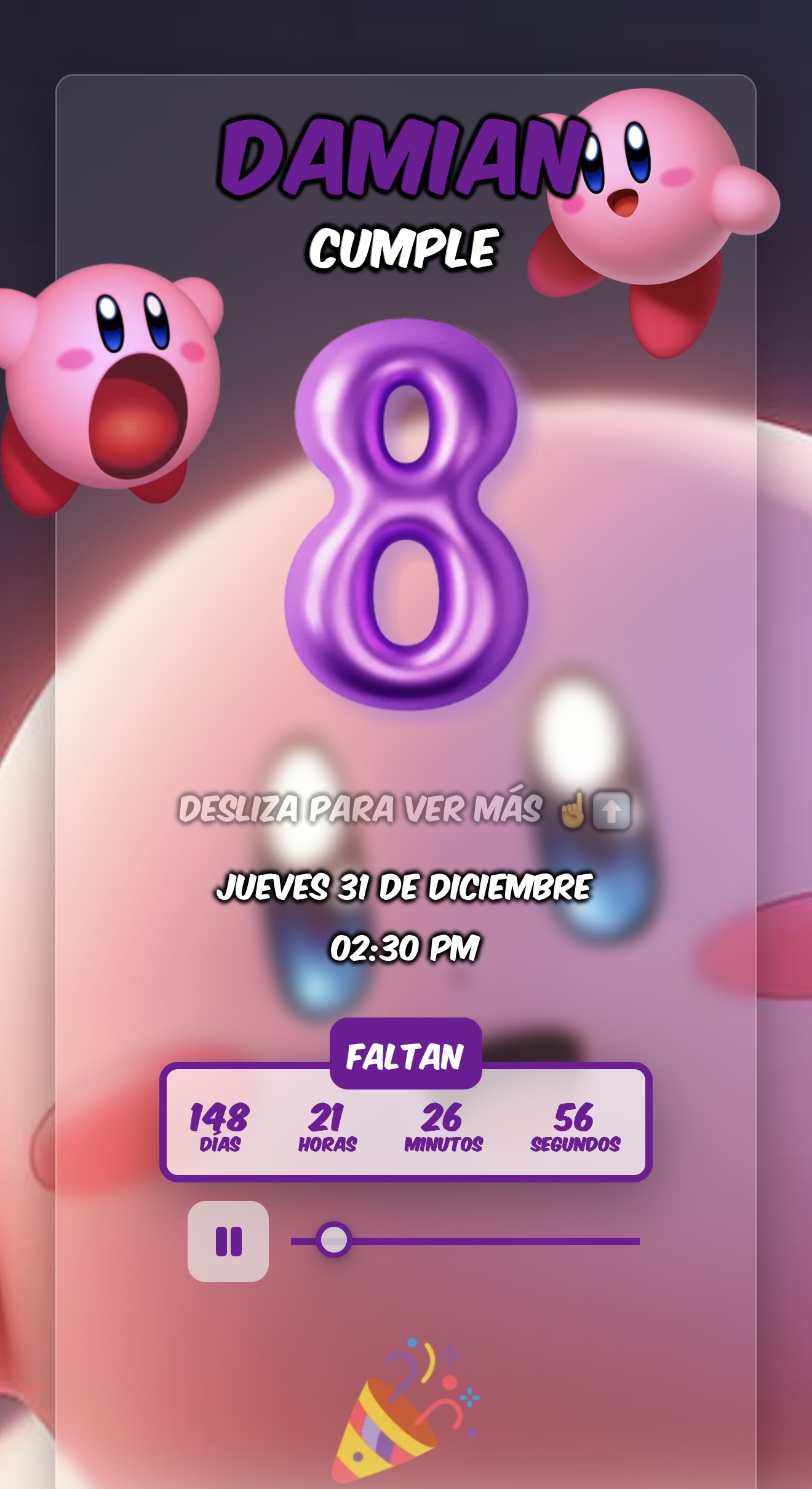 Vista previa de la invitación digital tema Kirby