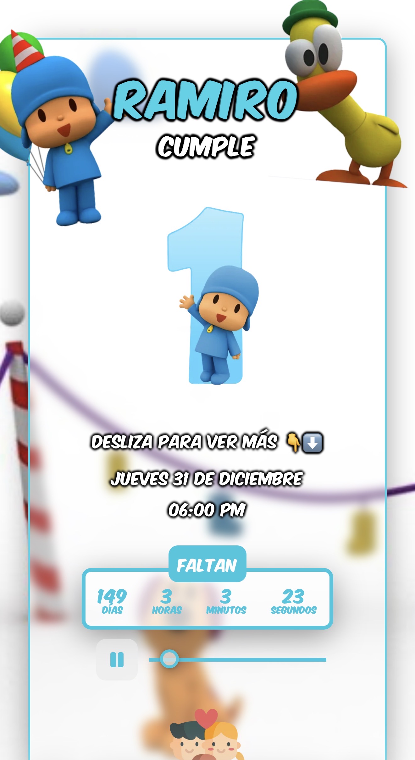 Vista previa de la invitación digital tema Pocoyo