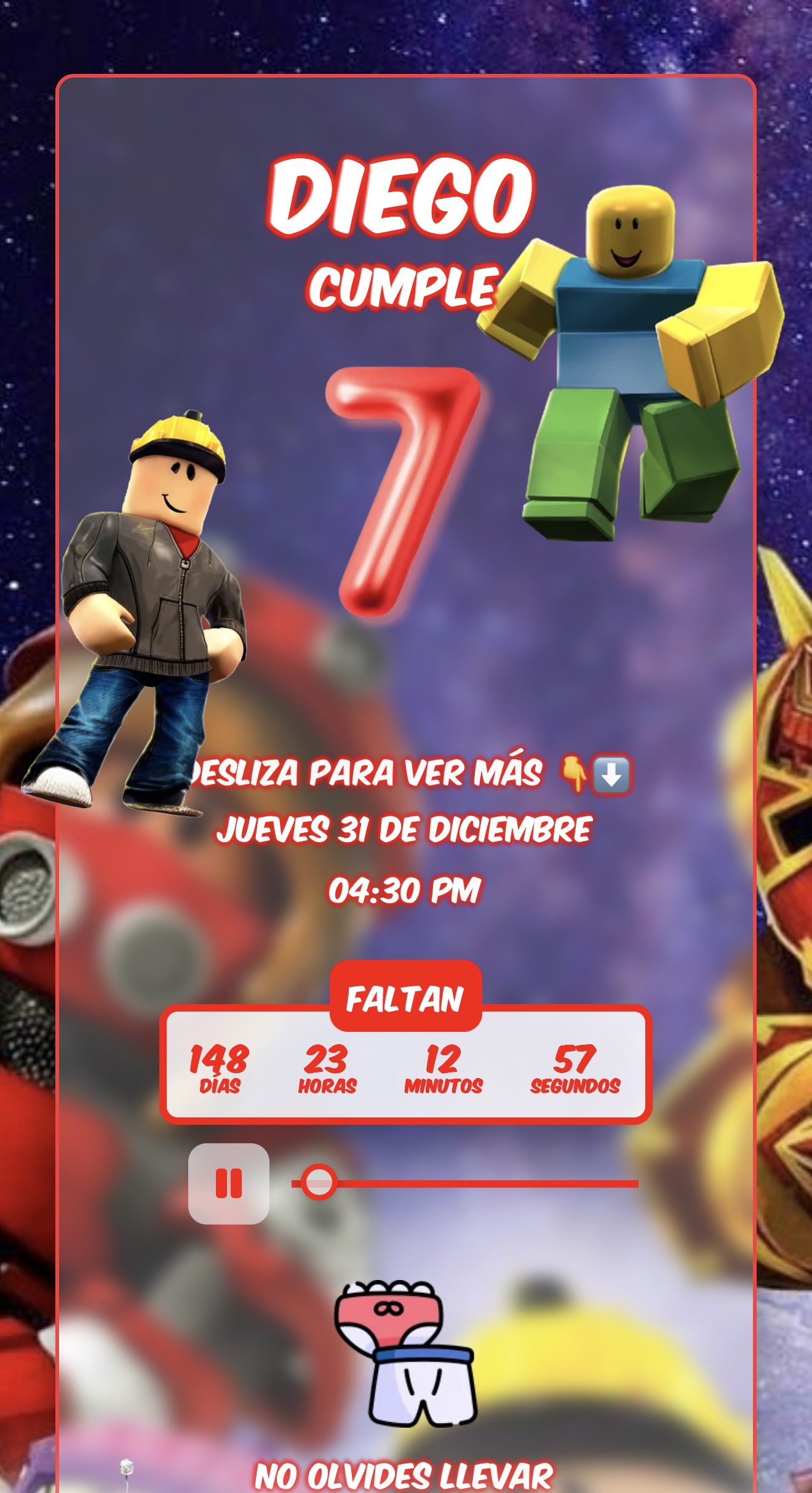 Vista previa de la invitación digital tema Roblox