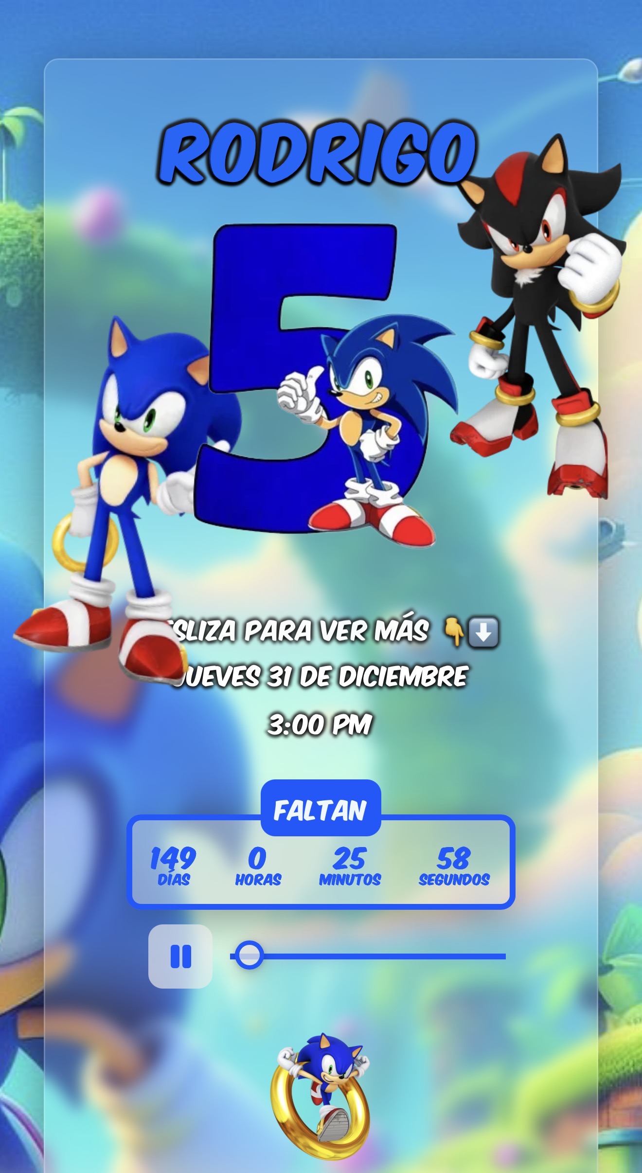 Vista previa de la invitación digital tema Sonic