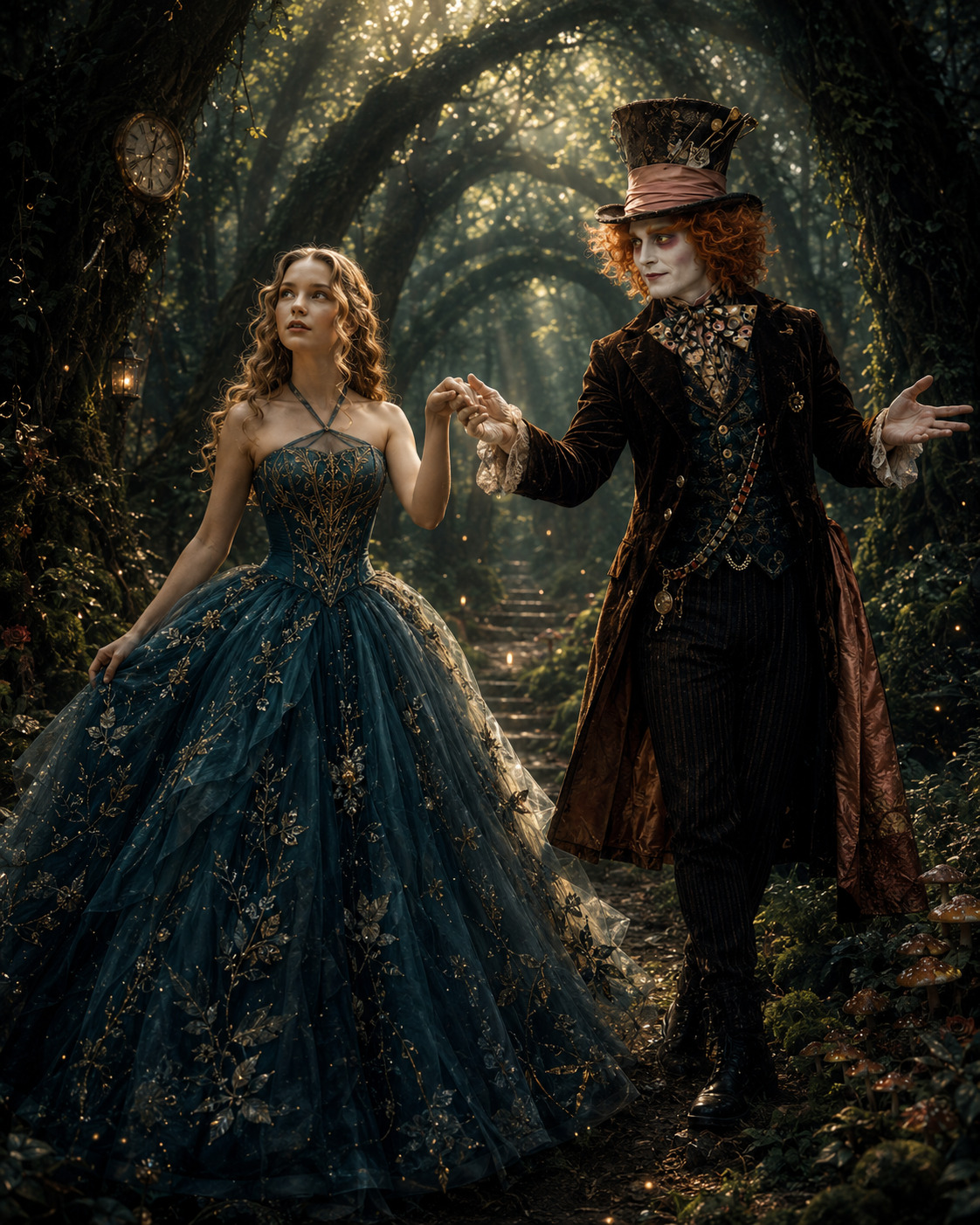 Sofía con vestido formal y un anfitrión de Wonderland con traje elegante en un bosque mágico.
